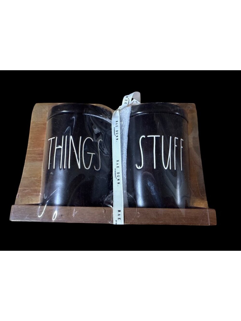 Rae Dunn “THINGS” and “STUFF "Black Ceramic Bathroom Organizer Set w/ Wood Base